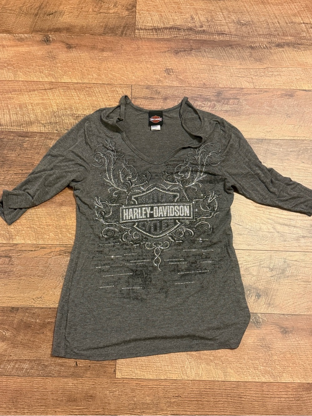 Harley-Davidson Women's Charcoal V-Neck Rhinestone Logo Tee